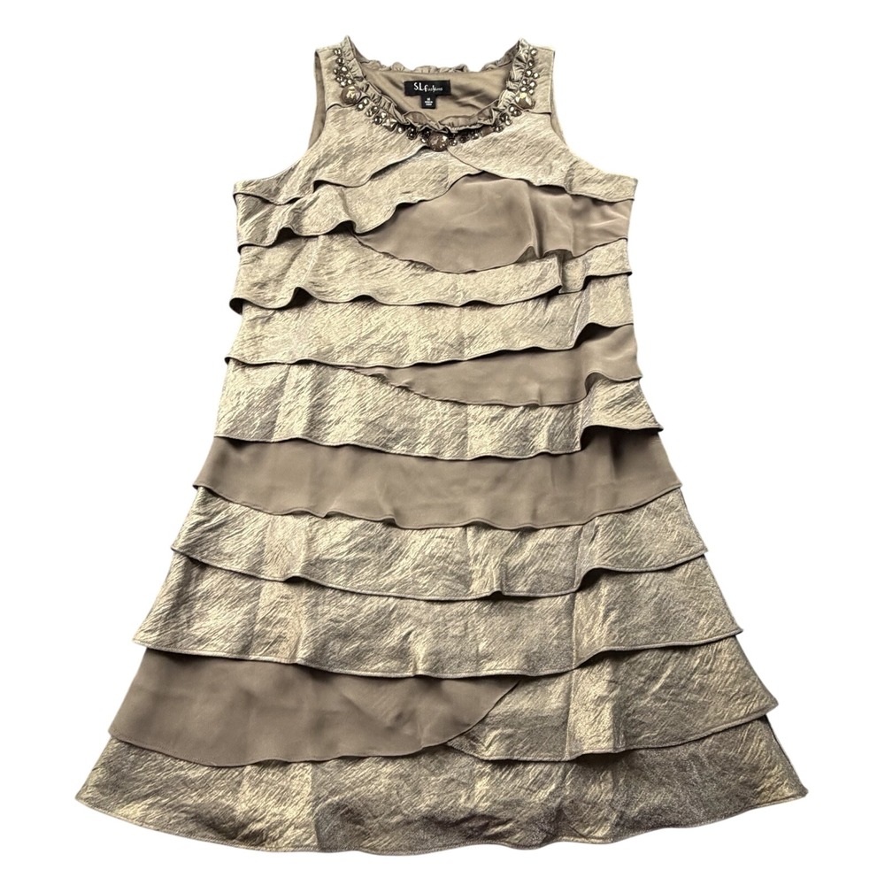 SL Fashions Layered Ruffle Cocktail Dress Size 14‎ Beaded Taupe Elegant